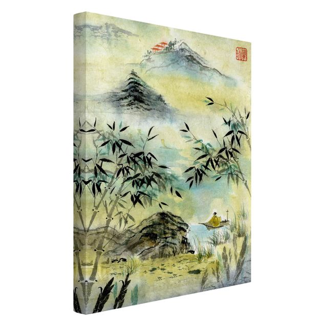 Quadri su tela con montagne Disegno acquerello giapponese Foresta di bambù