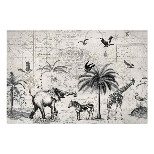Quadri su tela con uccelli Collage vintage - Mappa esotica