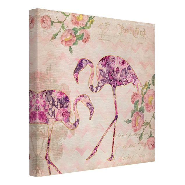 Quadri farfalle Collage vintage - Fenicotteri con fiori rosa