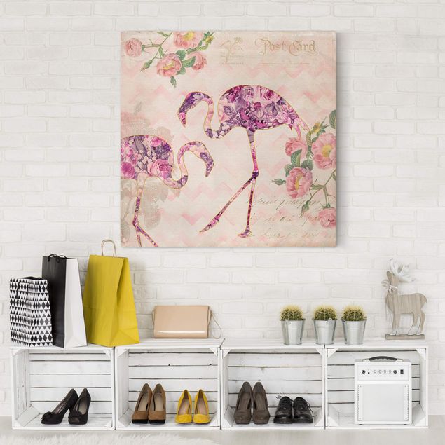 Quadri su tela con farfalle Collage vintage - Fenicotteri con fiori rosa