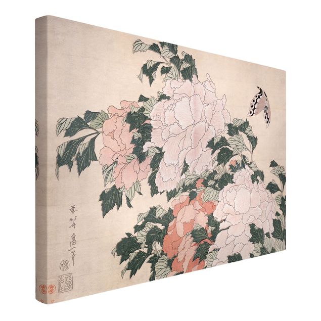 Quadri farfalle Katsushika Hokusai - Peonie rosa con farfalla