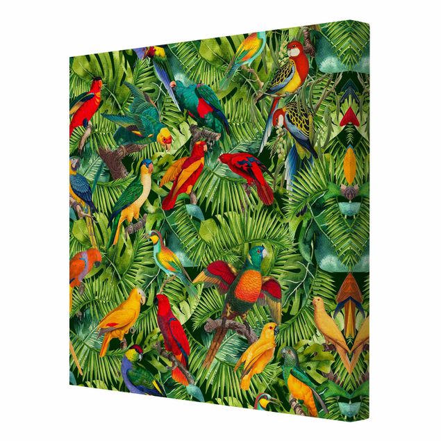 Quadri moderni colorati Collage colorato - Pappagalli nella giungla