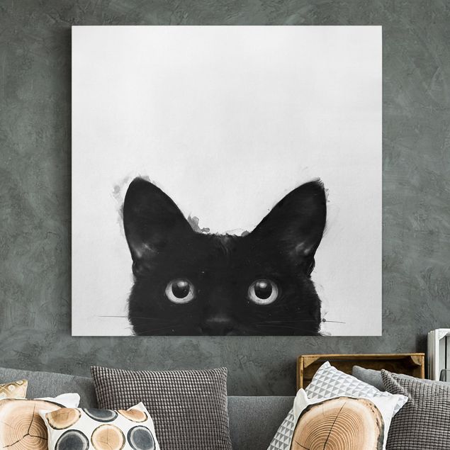 Quadri su tela con gatti Illustrazione - Gatto nero su pittura bianca
