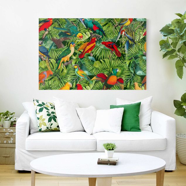 Quadro moderno Collage colorato - Pappagalli nella giungla