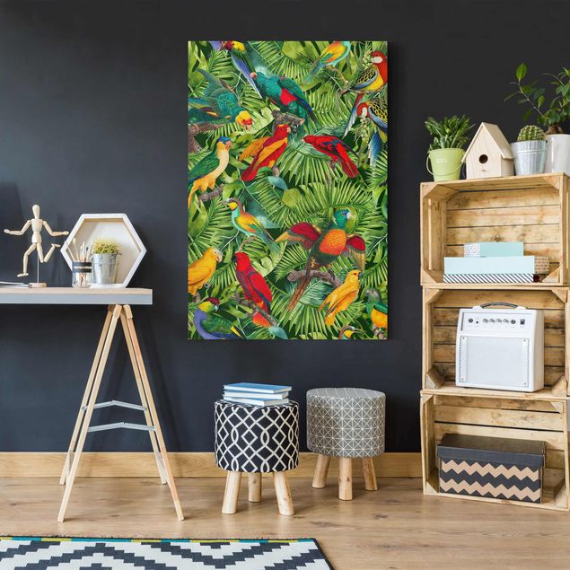 Quadro moderno Collage colorato - Pappagalli nella giungla