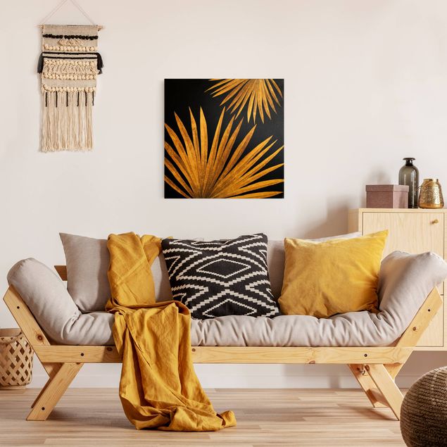 Quadri floreali moderni Oro - Foglia di palma su nero
