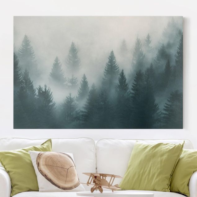 Quadri su tela con foresta Foresta di conifere nella nebbia
