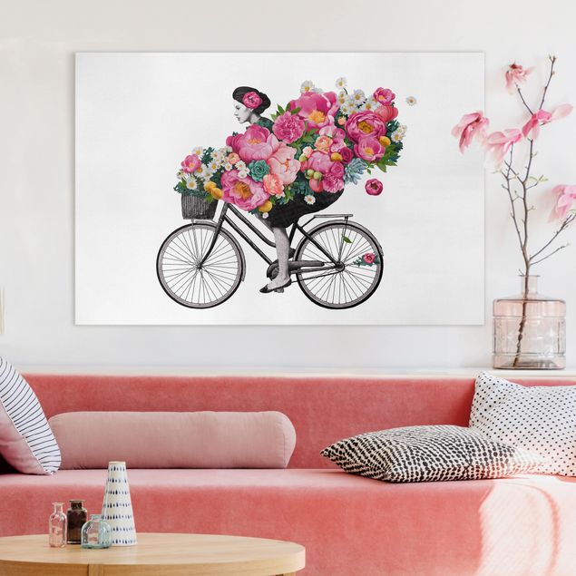 Stampa su tela Illustrazione - Donna in bicicletta - Collage di fiori colorati