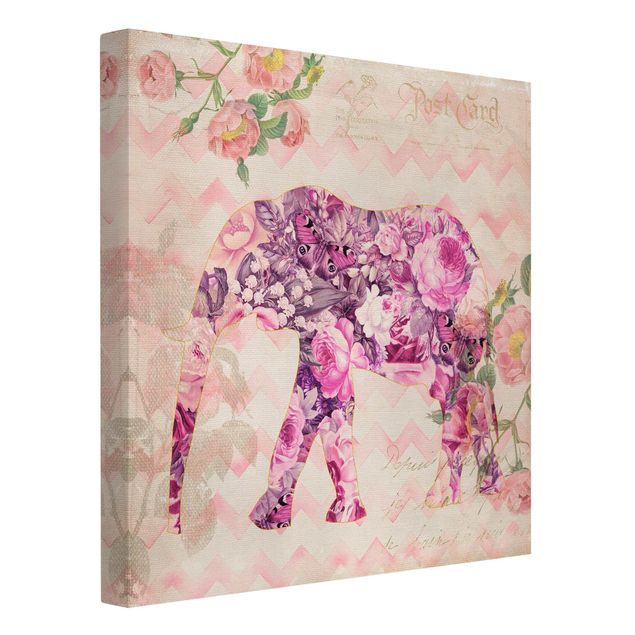 Quadri su tela con rose Collage vintage - Fiori rosa elefante