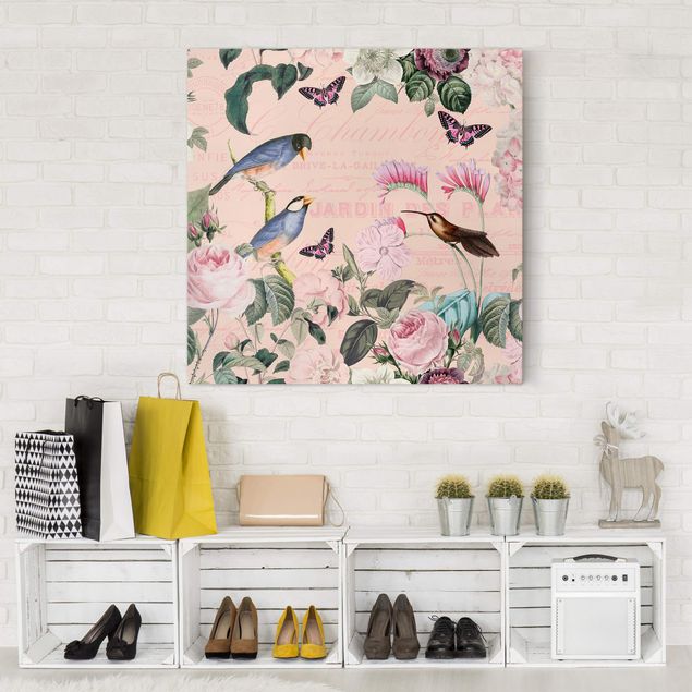 Quadri su tela con farfalle Collage vintage - Rose e uccelli