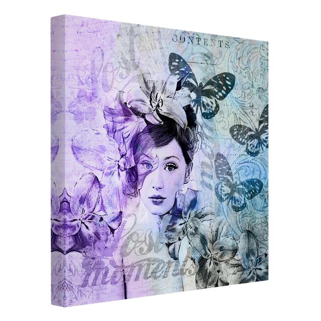 Quadri stile vintage Collage Shabby Chic - Ritratto con farfalle
