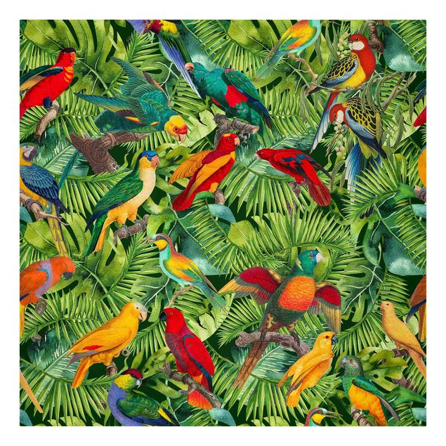 Quadri floreali moderni Collage colorato - Pappagalli nella giungla