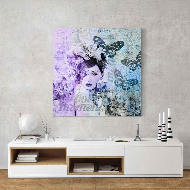 Quadri stile shabby Collage Shabby Chic - Ritratto con farfalle