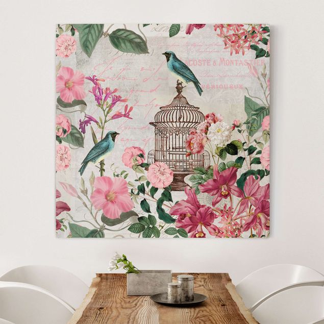 Quadri su tela con uccelli Collage Shabby Chic - Fiori rosa e uccelli blu