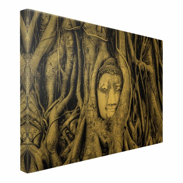 Quadro su tela oro - Buddha ad Ayutthaya tra le radici in bianco e nero