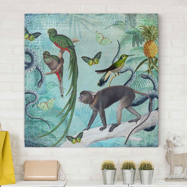 Quadri su tela con scimmie Collage in stile coloniale - Scimmie e uccelli del paradiso