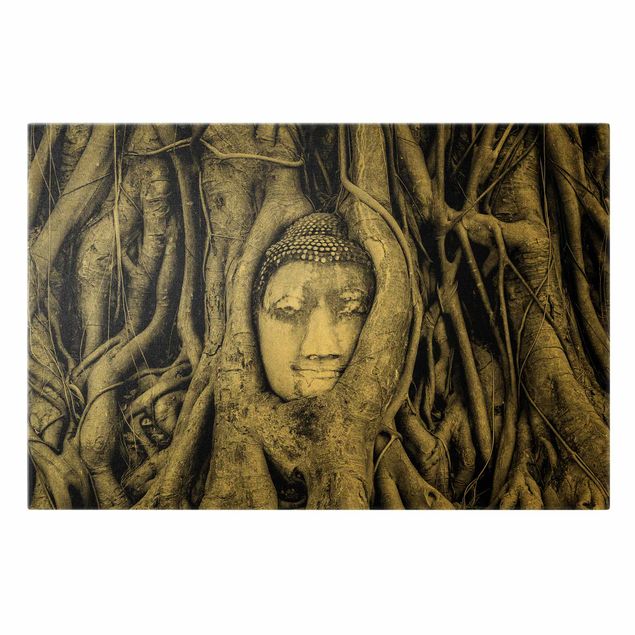 Stampe su tela Buddha ad Ayuttaya incorniciato da radici di albero in bianco e nero