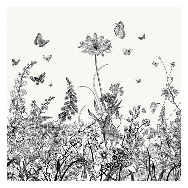 Carta da parati bianca e nera  Grandi fiori con farfalle in nero