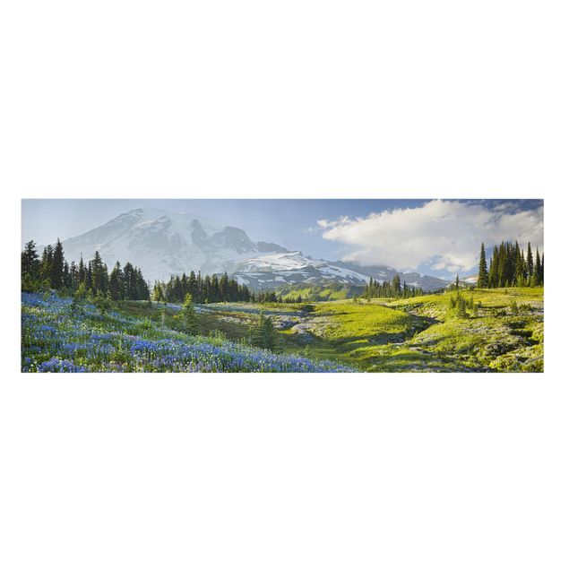 Quadri montagne Prato di montagna con fiori blu davanti al monte Rainier