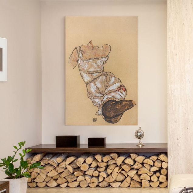 Quadro espressionismo Egon Schiele - Torso femminile in biancheria intima e calze nere