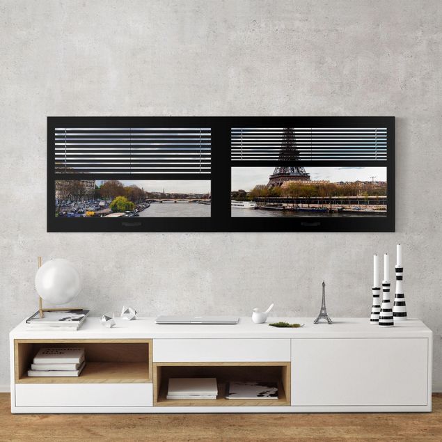 Stampa su tela parigi Vista dalla finestra con tende - Senna e Torre Eiffel