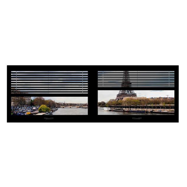 Stampa su tela città Vista dalla finestra con tende - Senna e Torre Eiffel