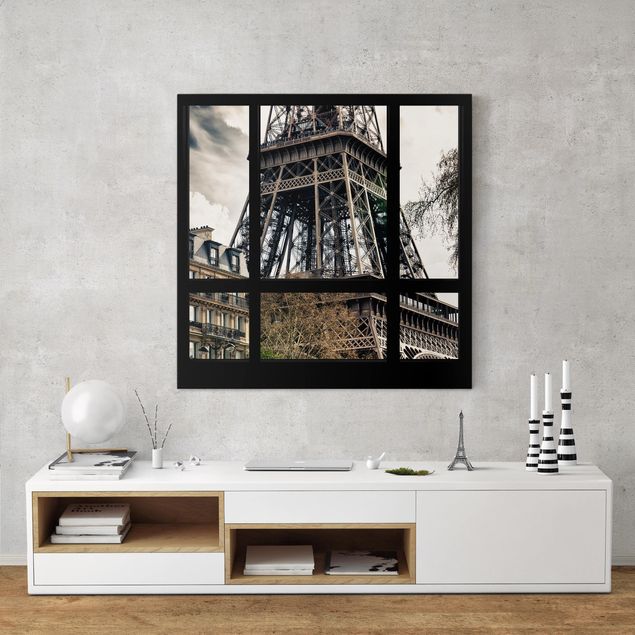 Quadro moderno Window view Paris - Near the Eiffel Tower black and white