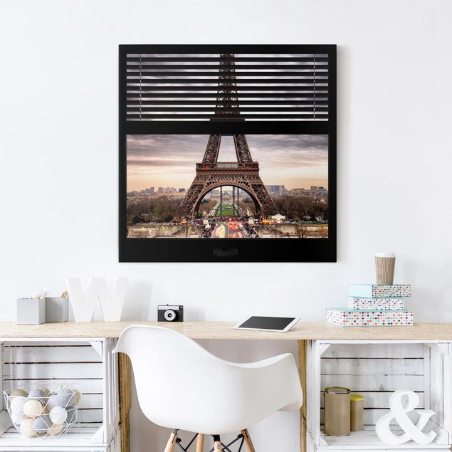 Stampa su tela parigi Vista dalla finestra con tende - Torre Eiffel Parigi