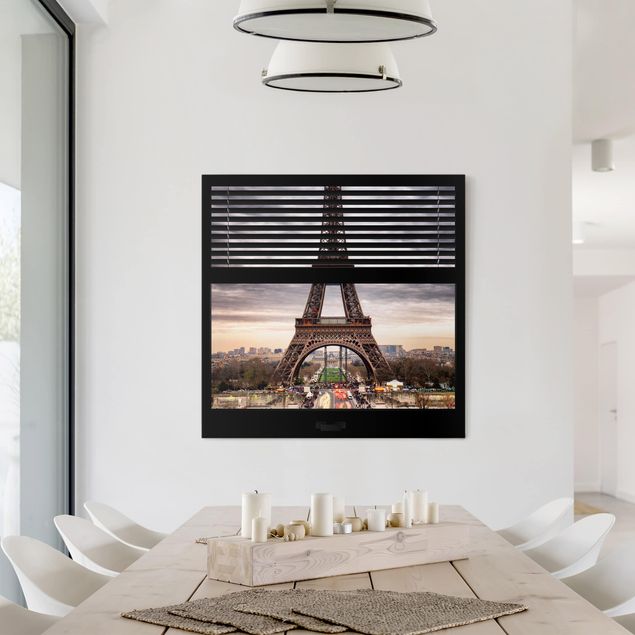 Quadro moderno Vista dalla finestra con tende - Torre Eiffel Parigi