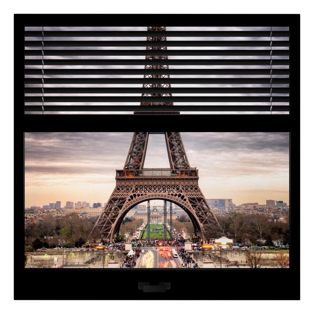 Stampa su tela città Vista dalla finestra con tende - Torre Eiffel Parigi