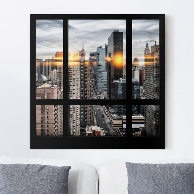 Quadro su tela New York Finestre con vista su New York e riflessi del sole
