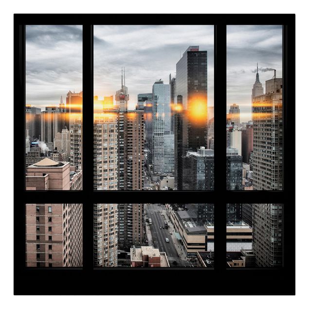 Quadri skyline  Finestre con vista su New York e riflessi del sole