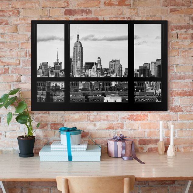 Quadro su tela New York Finestra Skyline di Manhattan in bianco e nero