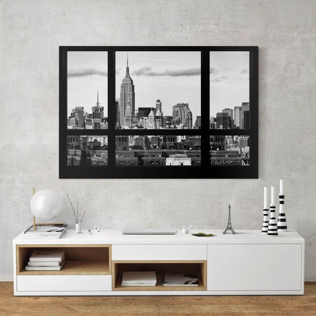 Quadri su tela America Finestra Skyline di Manhattan in bianco e nero