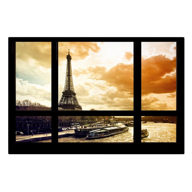 Quadri su tela con architettura e skylines Vista dalla finestra - Parigi Torre Eiffel al tramonto