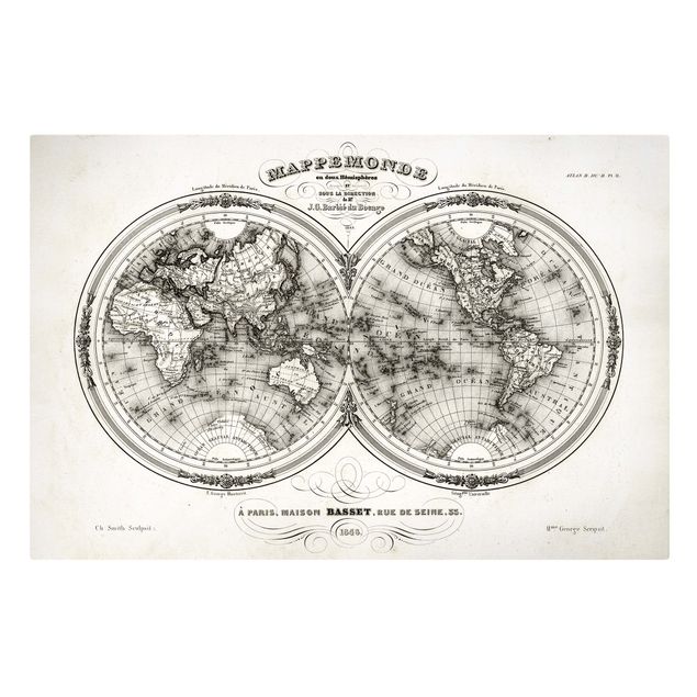 Stampa su tela Mappa francese degli emisferi del 1848