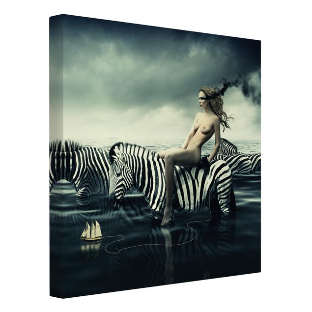 Quadro animali Donna in posa con le zebre