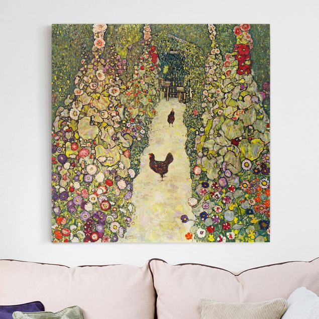 Stile di pittura Gustav Klimt - Sentiero del giardino con galline