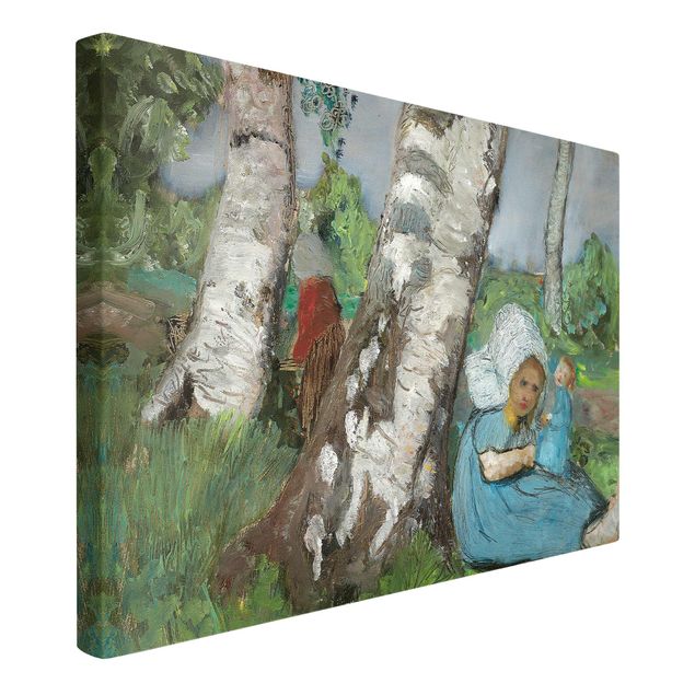 Quadri su tela con foresta Paula Modersohn-Becker - Bambino con bambola seduto su un tronco di betulla
