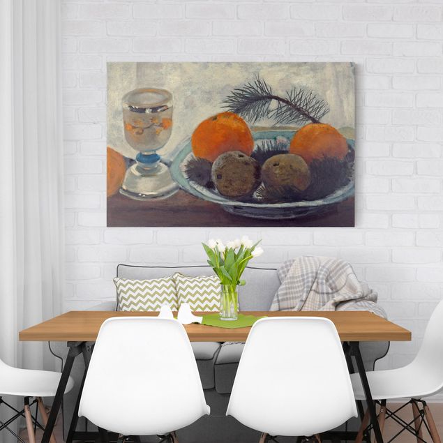 Quadro espressionismo Paula Modersohn-Becker - Natura morta con tazza di vetro smerigliato, mele e ramo di pino
