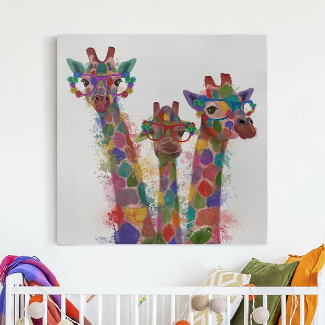 Quadri su tela con giraffe Trio di giraffe con schizzi arcobaleno