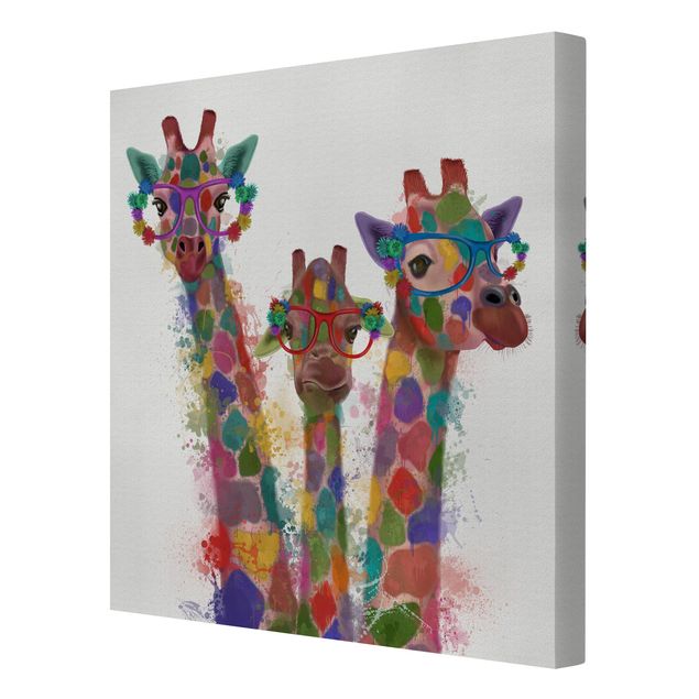 Quadri su tela animali Trio di giraffe con schizzi arcobaleno