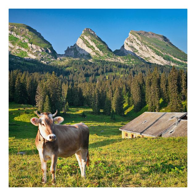 Quadri con alberi Prato alpino svizzero con mucca