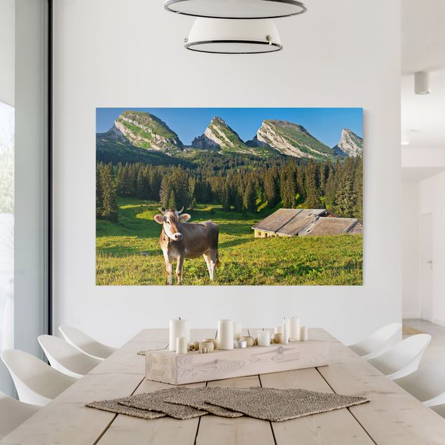 Quadri su tela con montagne Prato alpino svizzero con mucca