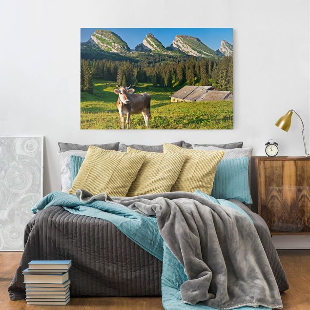 Quadri su tela con foresta Prato alpino svizzero con mucca