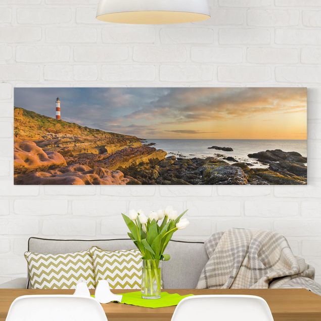 Quadri su tela con spiaggia Faro di Tarbat Ness e tramonto sull'oceano