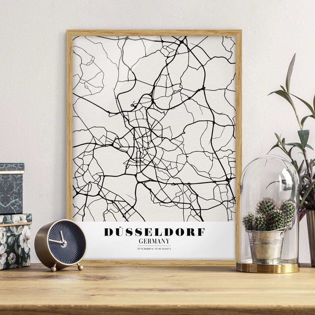 Quadri con cornice in bianco e nero Mappa di Dusseldorf - Classica