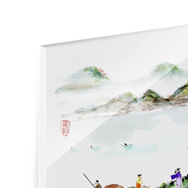 Quadri stampe Disegno giapponese ad acquerello di lago e montagne
