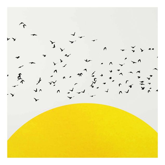 Quadro moderno Stormo di uccelli di fronte al sole giallo