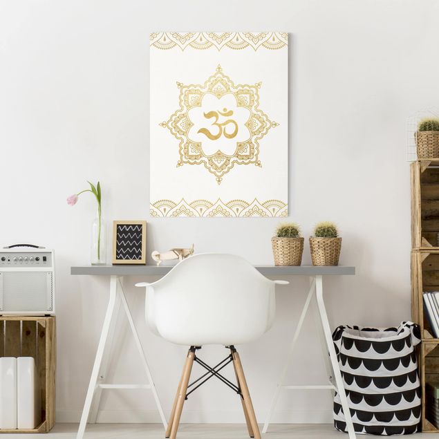 Quadri moderni   Mandala OM Illustrazione Ornamentale Oro Bianco